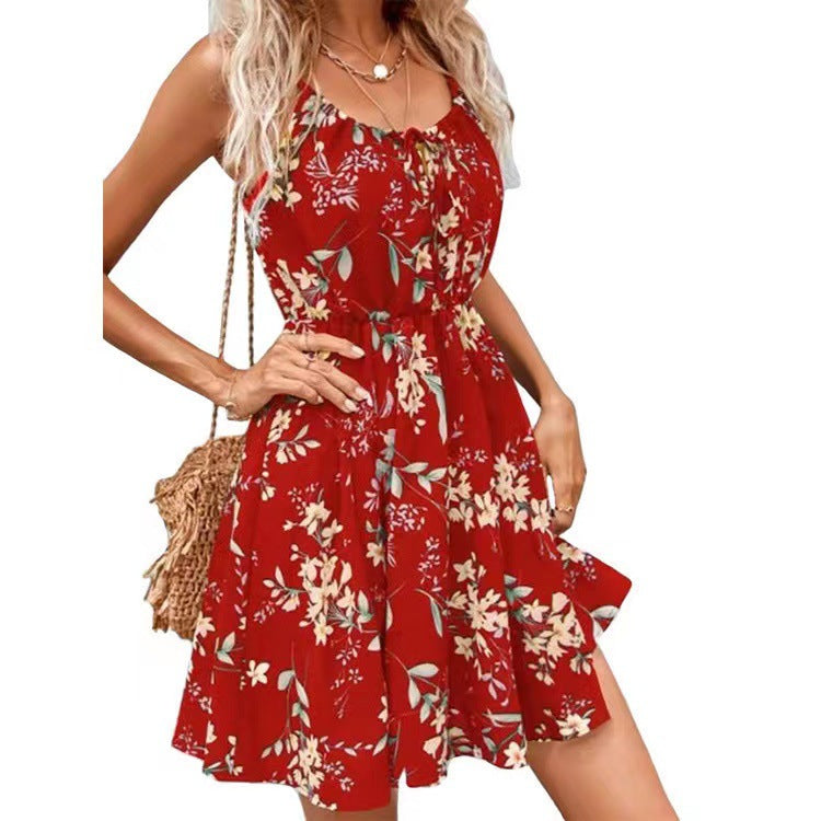 Elegant Sleeveless Printed Dress with Elastic Waist and Straps for Women