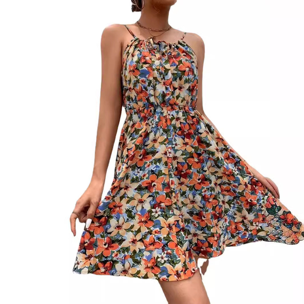 Elegant Sleeveless Printed Dress with Elastic Waist and Straps for Women