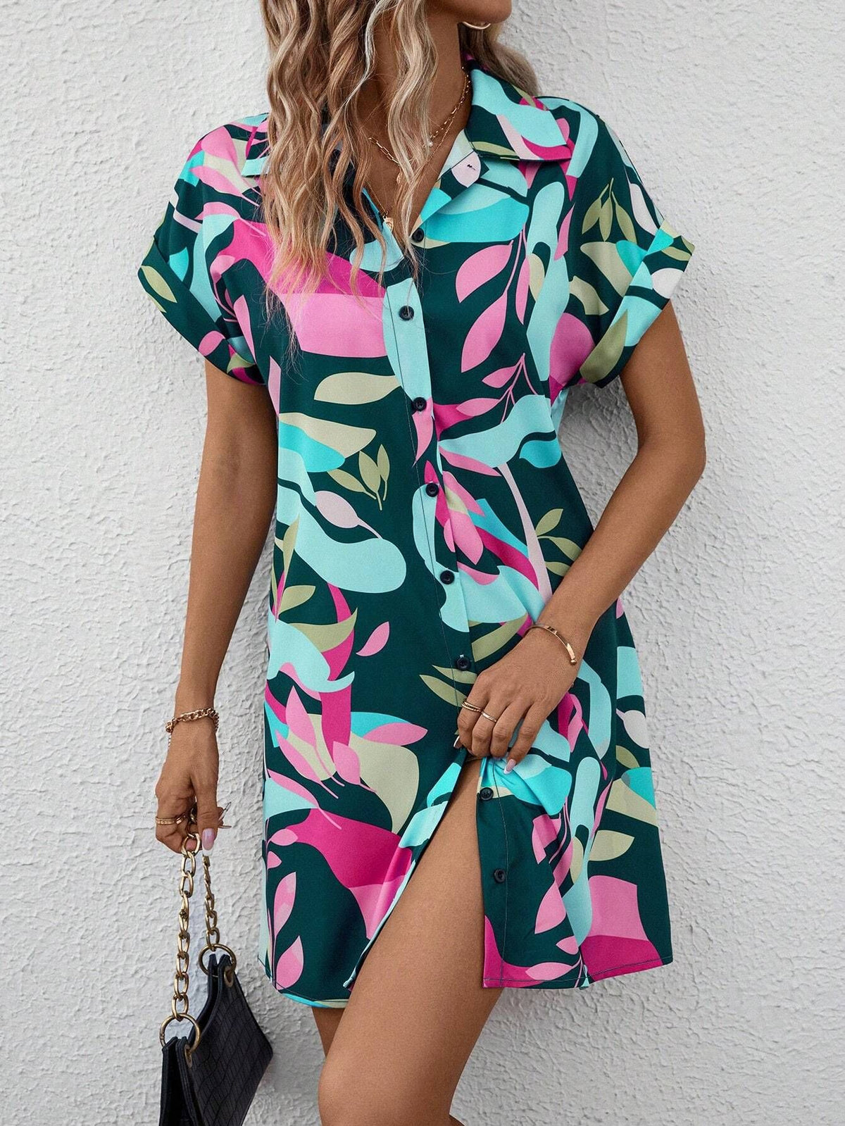 Summer New Fashion Colorful Floral Printed Open Front Short Sleeve Shirt Dress
