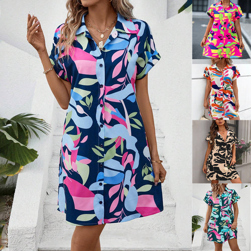 Summer New Fashion Colorful Floral Printed Open Front Short Sleeve Shirt Dress